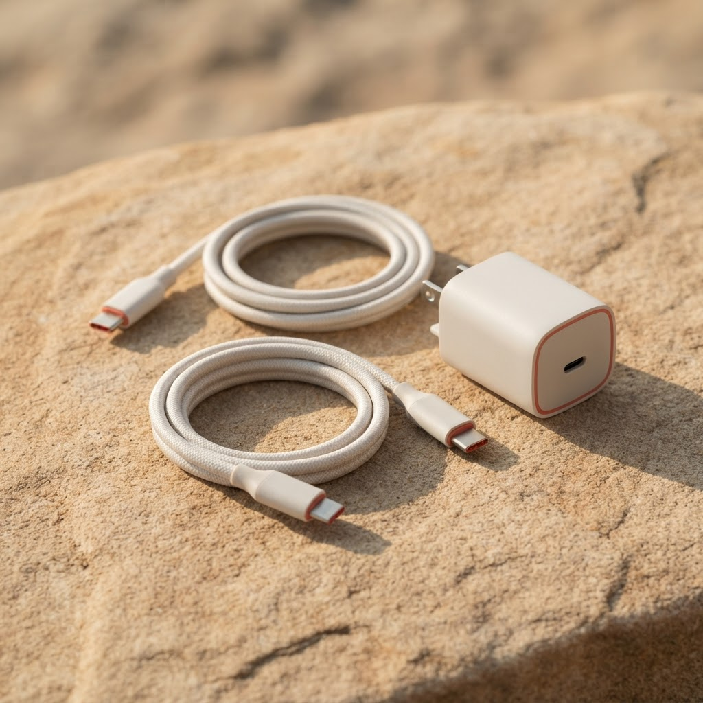 Cargador Ampere 30W con cables sobre arenisca
