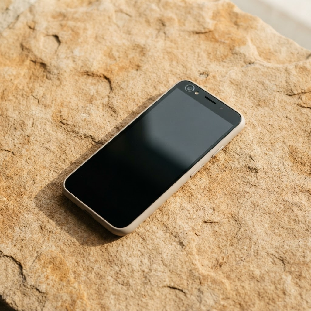 Vela Mini Smartphone en ángulo sobre arenisca